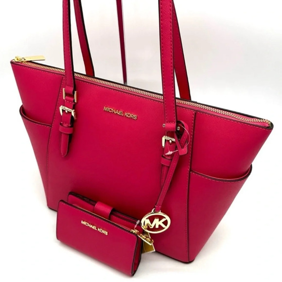 Michael Kors Large Charlotte Tote Bag & MD Bifold Zip Chain Wallet Electric Pink - Picture 12 of 16